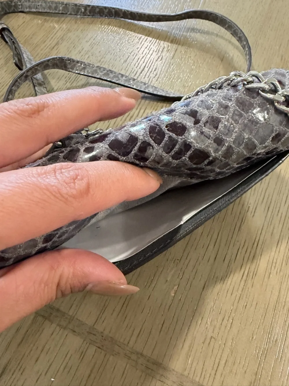 Michael Kors Snake-Embossed Crossbody in Taupe and Silver